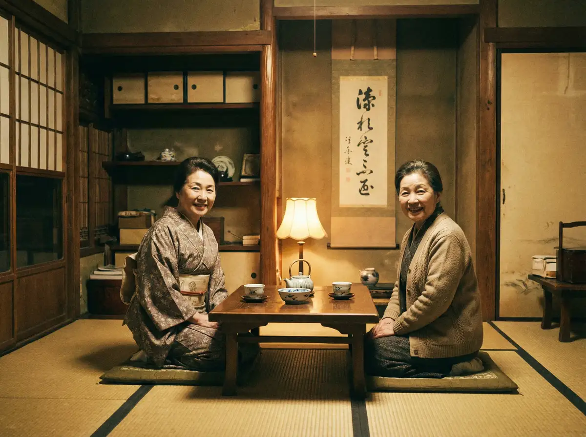 两位优雅的 媚黑视频最新原创与精选 在日式茶室中品茶交谈